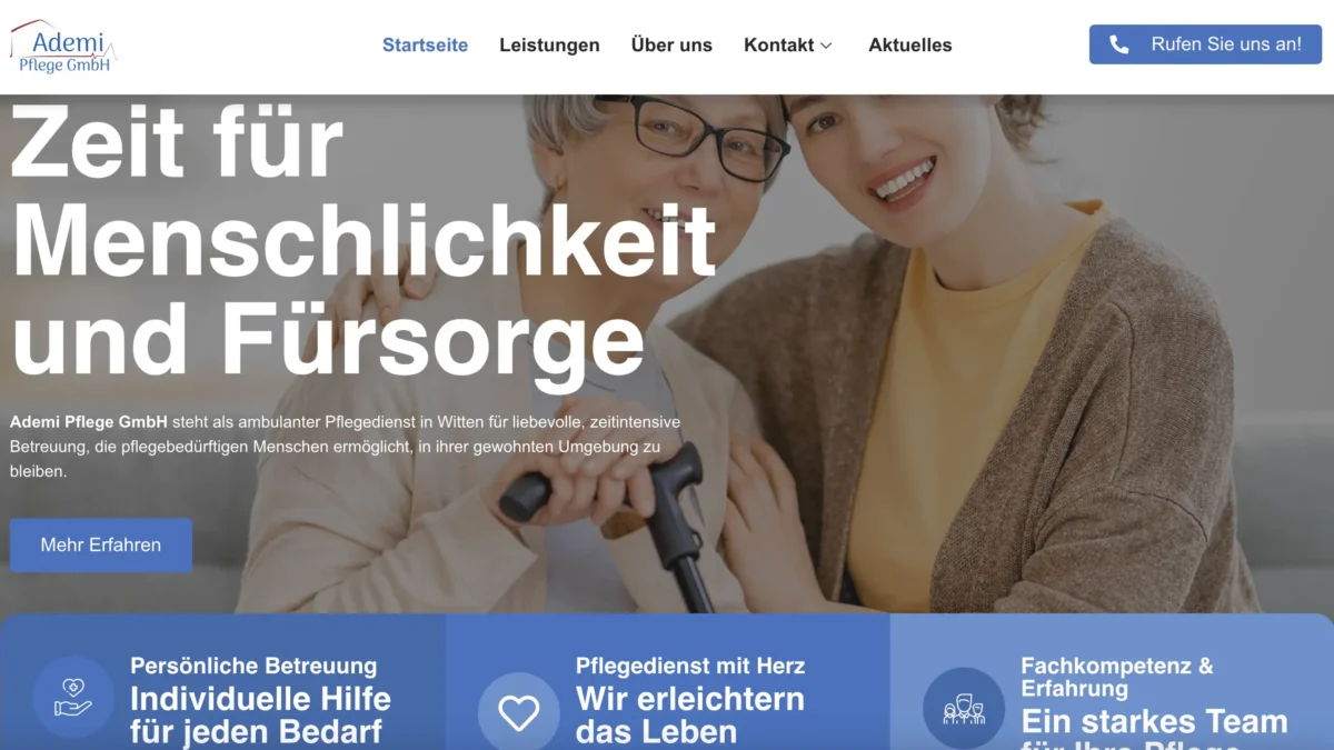 Webentwicklung von Yanduu für Ademi Pflege Website